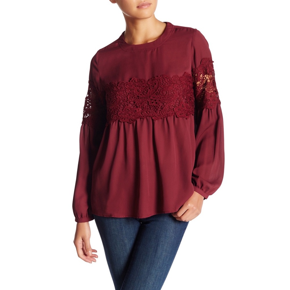 Harlowe & Graham Lace Inset Zinfandel Babydoll Top